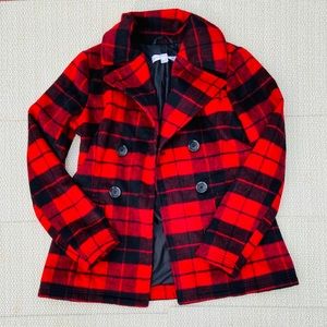 Red and black flannel peacoat